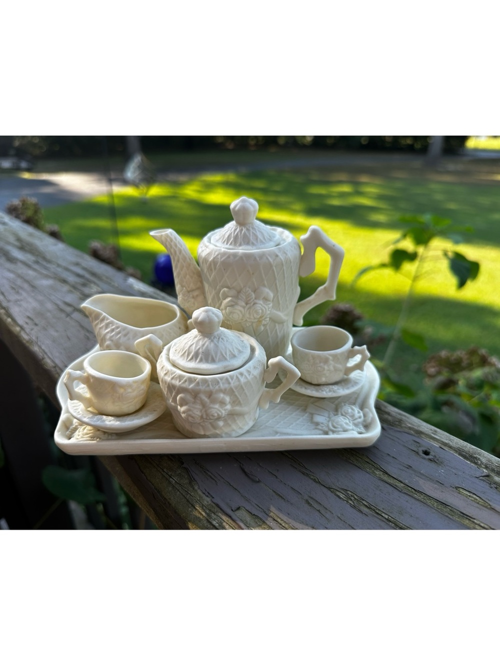 Miniature Bisque Rose Motif 10 piece Tea Set - No Maker/Brand Marks